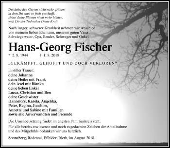 Traueranzeige von Hans-Georg Fischer von Südthüringer Presse