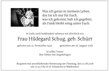 Traueranzeige von Hildegard Schug von Frankenpost