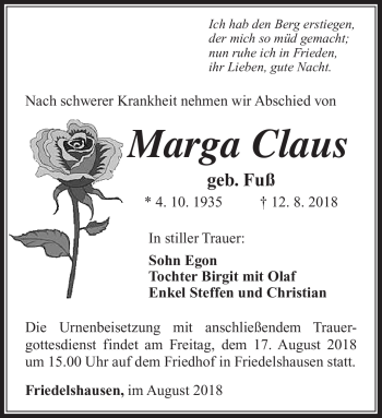 Traueranzeige von Marga Claus von Südthüringer Presse