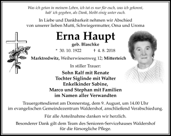 Traueranzeige von Erna Haupt von Frankenpost