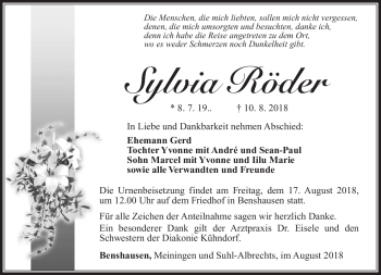 Traueranzeige von Sylvia Röder von Südthüringer Presse