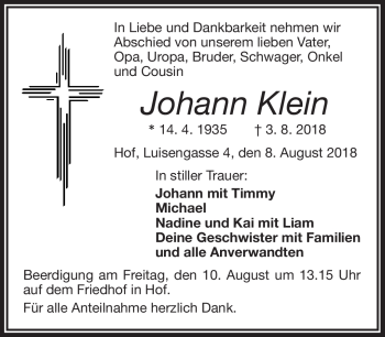 Traueranzeige von Johann Klein von Frankenpost