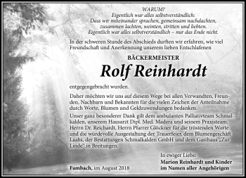 Traueranzeige von Rolf Reinhardt von Südthüringer Presse