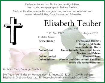 Traueranzeige von Elisabeth Teuber von Neue Presse Coburg