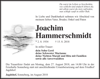Traueranzeige von Joachim Hammerschmidt von Südthüringer Presse