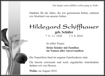 Traueranzeige von Hildegard Schiffhauer von Südthüringer Presse