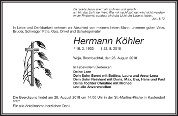 Traueranzeige von Hermann Köhler von Frankenpost