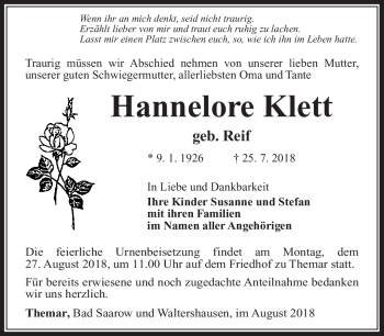 Traueranzeige von Hannelore Klett von Südthüringer Presse