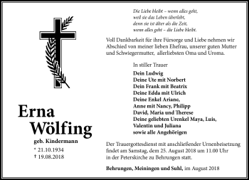 Traueranzeige von Erna Wölfing von Südthüringer Presse