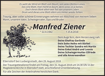 Traueranzeige von Manfred Ziener von Neue Presse Coburg