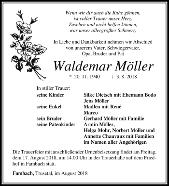 Traueranzeige von Waldemar Möller von Südthüringer Presse