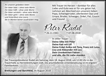 Traueranzeige von Peter Riedel von Südthüringer Presse
