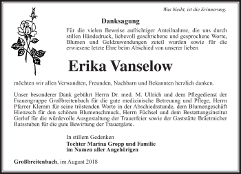 Traueranzeige von Erika Vanselow von Südthüringer Presse