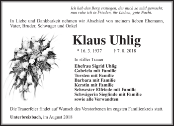 Traueranzeige von Klaus Uhlig von Südthüringer Presse