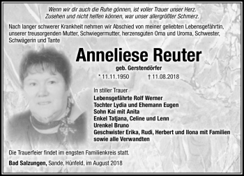 Traueranzeige von Anneliese Reuther von Südthüringer Presse