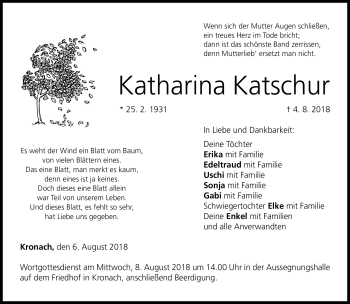 Traueranzeige von Katharina Katschur von Neue Presse Coburg