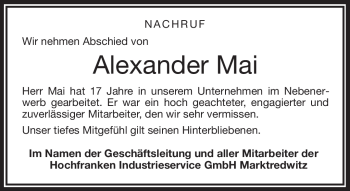 Traueranzeige von Alexander Mai von Frankenpost