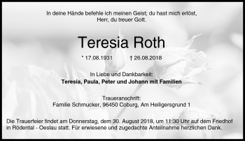 Traueranzeige von Teresia Roth von Neue Presse Coburg