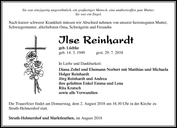 Traueranzeige von Ilse Reinhardt von Südthüringer Presse