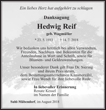 Traueranzeige von Hedwig Reif von Südthüringer Presse