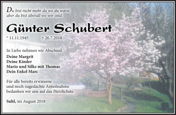 Traueranzeige von Günter Schubert von Südthüringer Presse