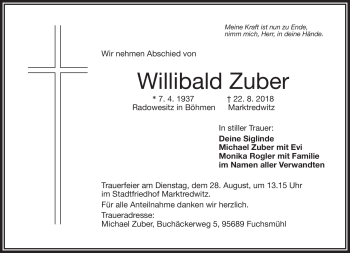 Traueranzeige von Willibald Zuber von Frankenpost