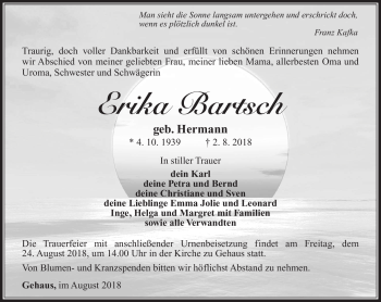 Traueranzeige von Erika Barsch von Südthüringer Presse