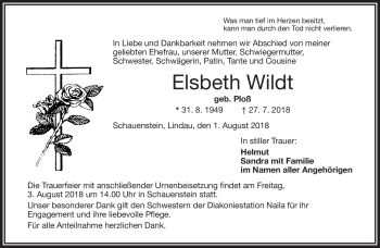 Traueranzeige von Elsbeth Wildt von Frankenpost