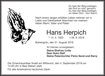 Traueranzeige von Hans Herpich von Frankenpost