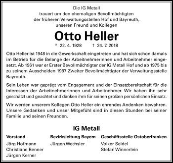 Traueranzeige von Otto Heller von Frankenpost