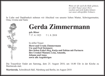 Traueranzeige von Gerda Zimmermann von Südthüringer Presse