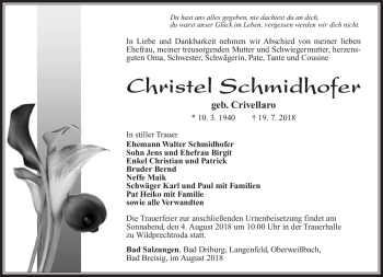 Traueranzeige von Christel Schmidhofer von Südthüringer Presse