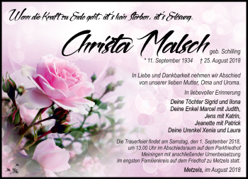 Traueranzeige von Christa Malsch von Südthüringer Presse