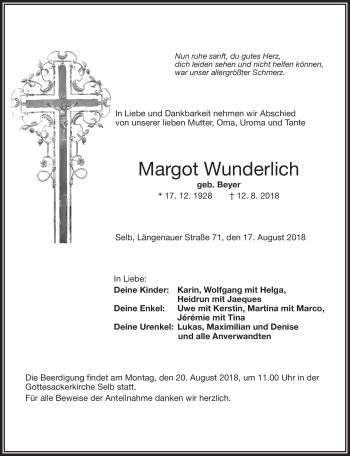 Traueranzeige von Margot Wunderlich von Frankenpost