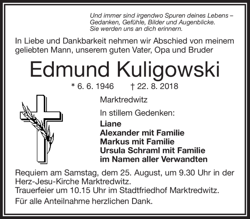  Traueranzeige für Edmund Kuligowski vom 23.08.2018 aus Frankenpost