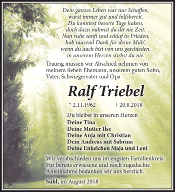 Traueranzeige von Ralf Triebl von Südthüringer Presse