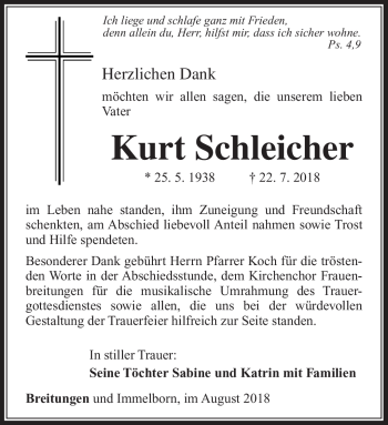Traueranzeige von Kurt Schleicher von Südthüringer Presse