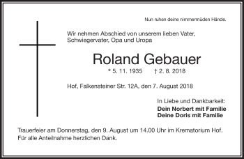 Traueranzeige von Roland Gebauer von Frankenpost