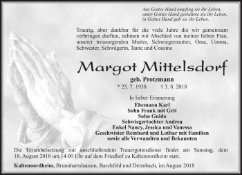 Traueranzeige von Margot Mittelsdorf von Südthüringer Presse