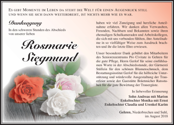 Traueranzeige von Rosmarie Siegmund von Südthüringer Presse