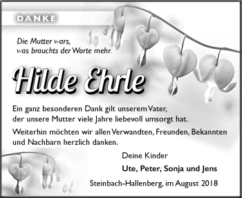 Traueranzeige von HIlde Ehrle von Südthüringer Presse