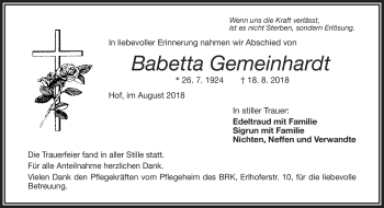 Traueranzeige von Babetta Gemienhardt von Frankenpost