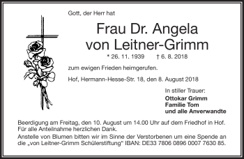 Traueranzeige von Dr. Angela von Leitner-Grimm von Frankenpost