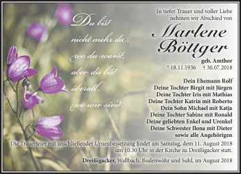 Traueranzeige von Marlene Böttger von Südthüringer Presse