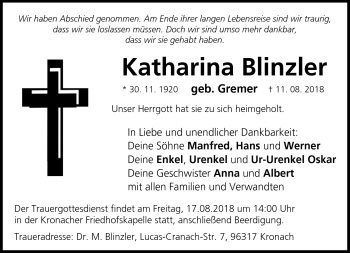 Traueranzeige von Katharina Blinzler von Neue Presse Coburg