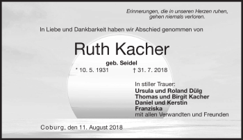 Traueranzeige von Ruth Kacher von Neue Presse Coburg