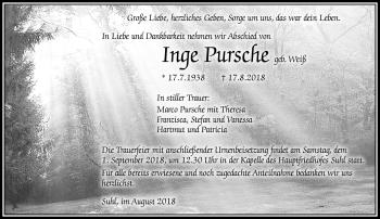 Traueranzeige von Inge Pursche von Südthüringer Presse