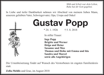 Traueranzeige von Gustav Popp von Südthüringer Presse