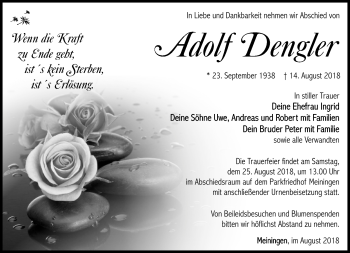 Traueranzeige von Adolf Dengler von Südthüringer Presse