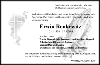 Traueranzeige von Erwin Renkewitz von Südthüringer Presse